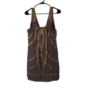 Lulumari Brown Sleeveless Gold Riveted Pleated Mini Dress Women Sz L